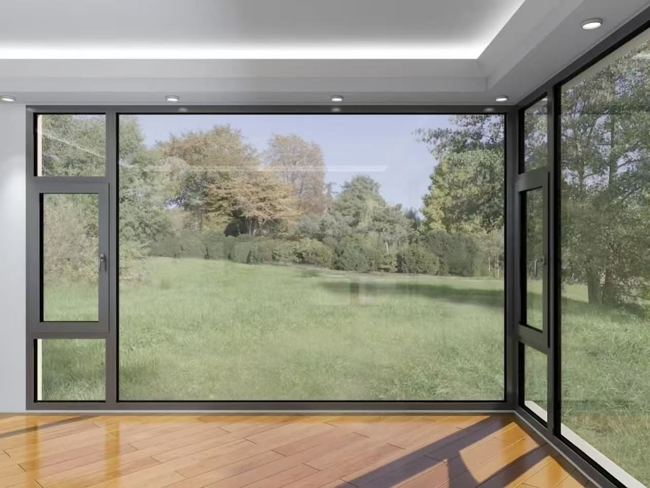 Large corner picture window overlooking a landscape